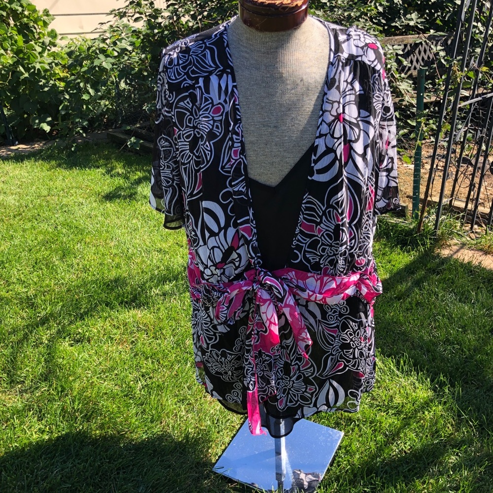 Lane Bryant Black & Pink Floral Tie-Front Sheer top with attached Camisole Top